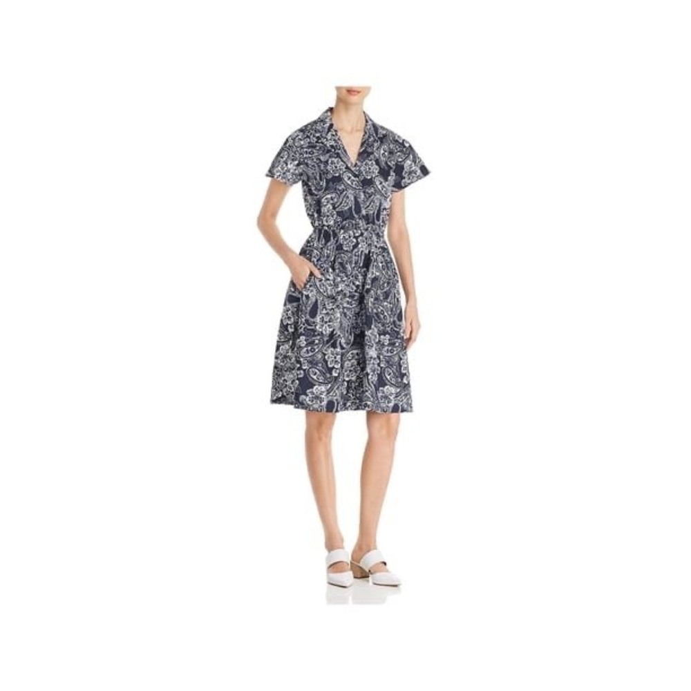 Donna‎ Karan New York Navy White Paisley Cotton Shirt Dress XS Pocket